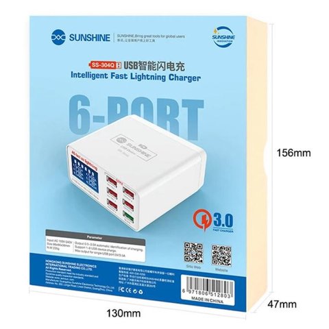 Мережевий зарядний пристрій Sunshine SS-304Q, 40 Вт, Quick Charge, Fast Charge, 6 портів Прев'ю 3