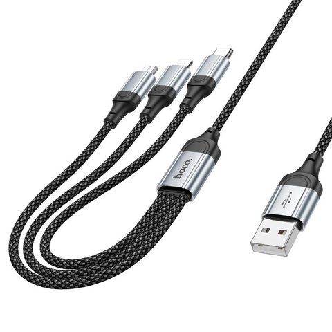 USB кабель Hoco X102, USB тип-C, USB тип-A, micro-USB тип-B, Lightning, 100 см, 2,4 А, черный, в нейлоновой оплетке, 3 в 1, #5942007608794 Превью 1