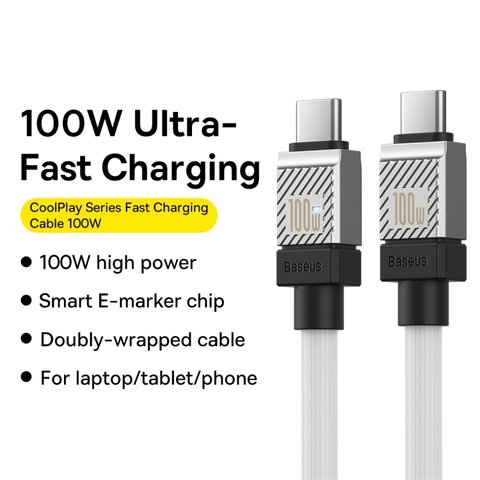 USB кабель Baseus Coolplay Series, 2xUSB тип-C, 200 см, 100 Вт, белый, силиконовый, #CAKW000302 Превью 2