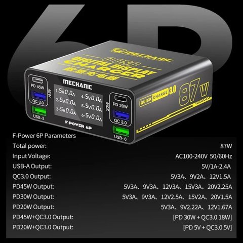 Мережевий зарядний пристрій Mechanic F-Power 6P, 87 Вт, Quick Charge, Power Delivery (PD), 6 портів Прев'ю 1